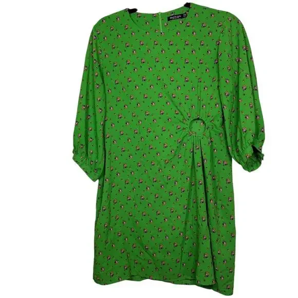 Nasty Gal green Floral Print Cut Out Puff Sleeve Mini Dress Size 8 - Picture 2 of 11